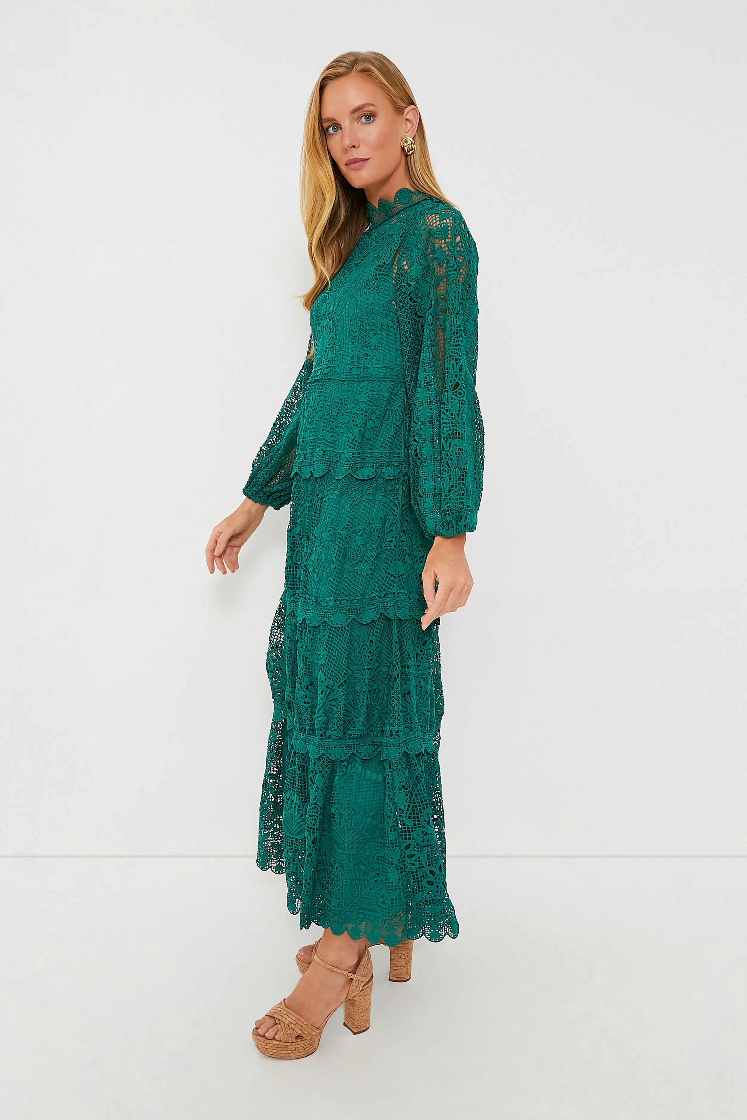 Dark Green Guipure Long Sleeve Maxi Dress