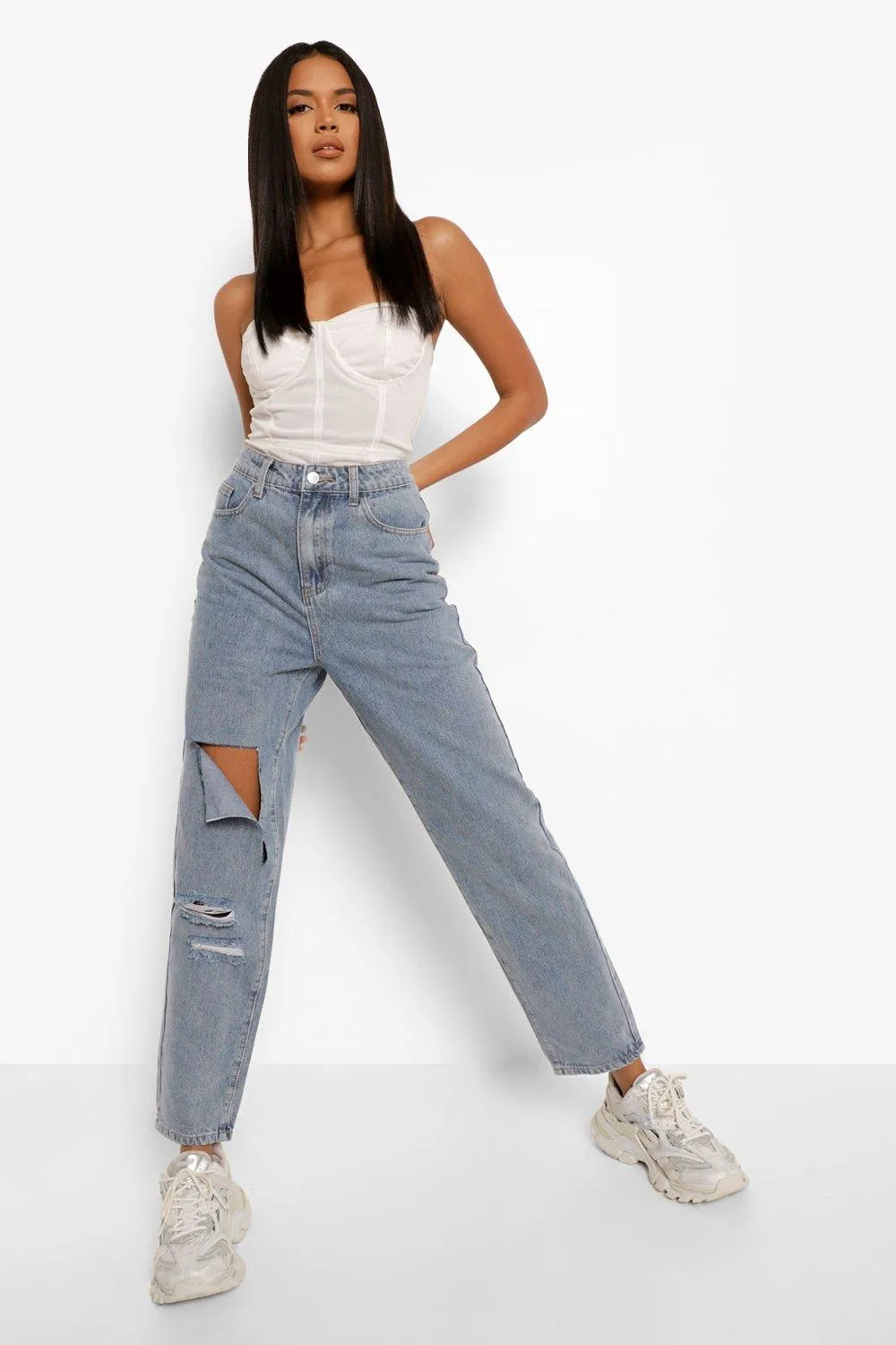 Denim Ripped Knee Baggy Mom Jeans