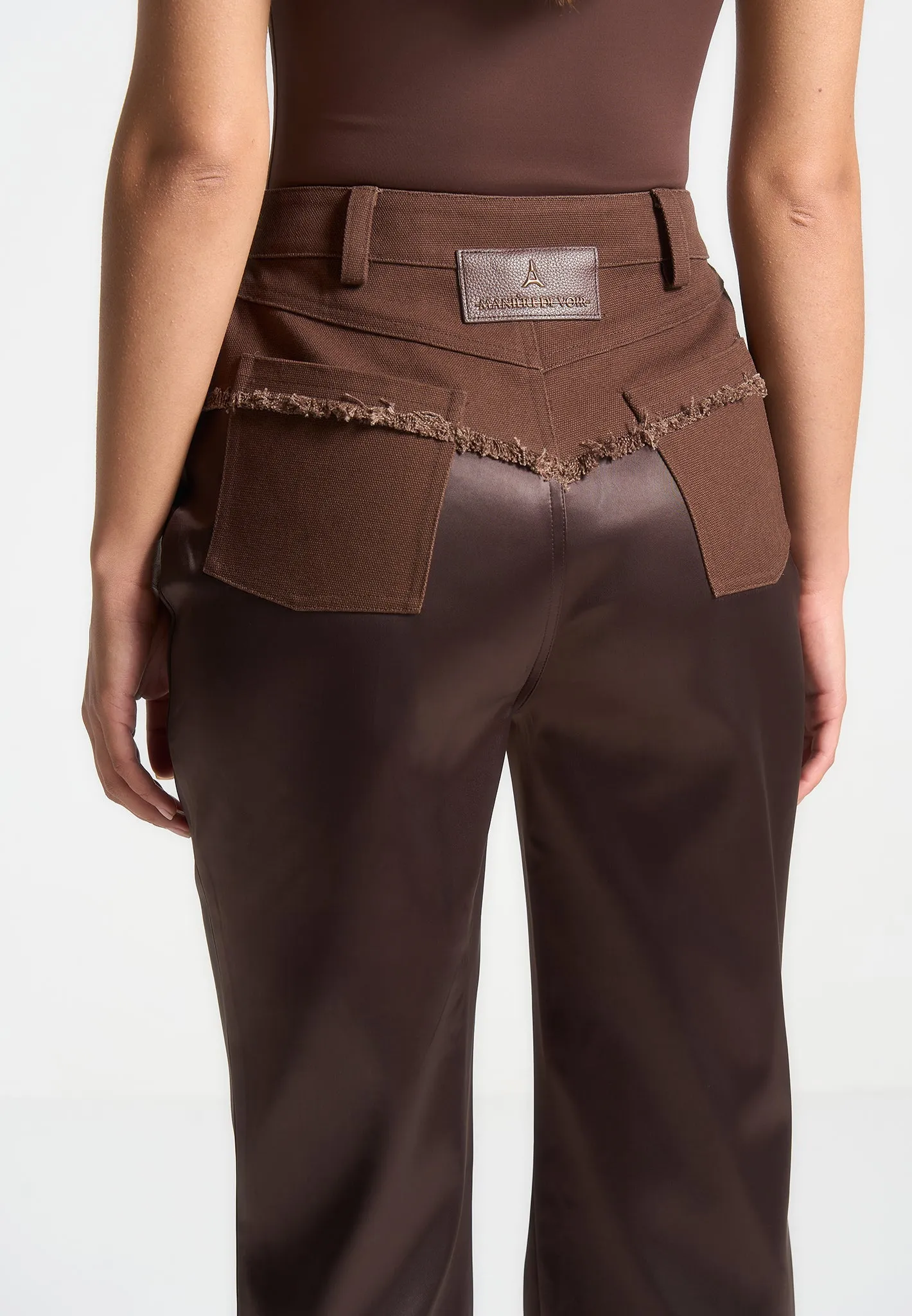 Distressed Drill & Satin Trousers - Brown