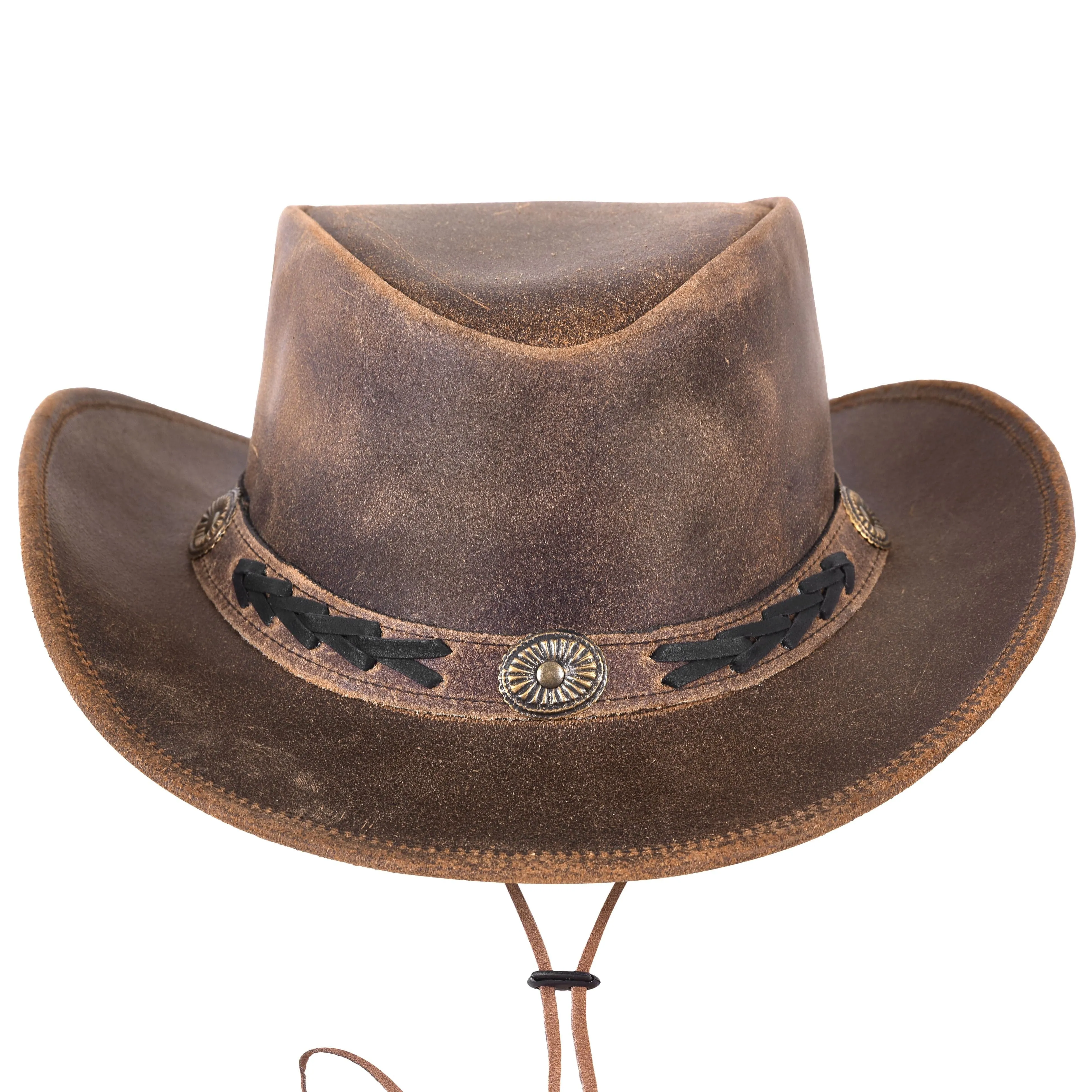 Distressed Leather Vintage Style Brown Cowboy Hat with Braided Hat Band