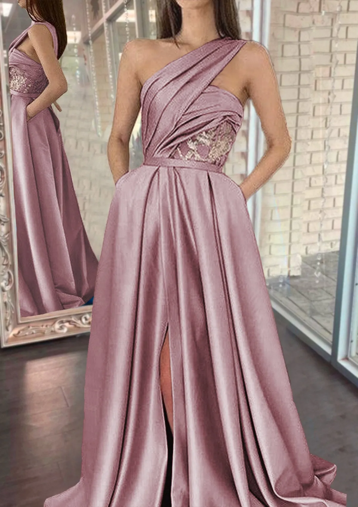 Dusty Rose Gorgeous A-line Evening Prom Dress with Side Slit, OL020