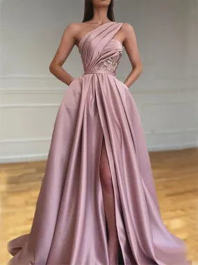 Dusty Rose Gorgeous A-line Evening Prom Dress with Side Slit, OL020