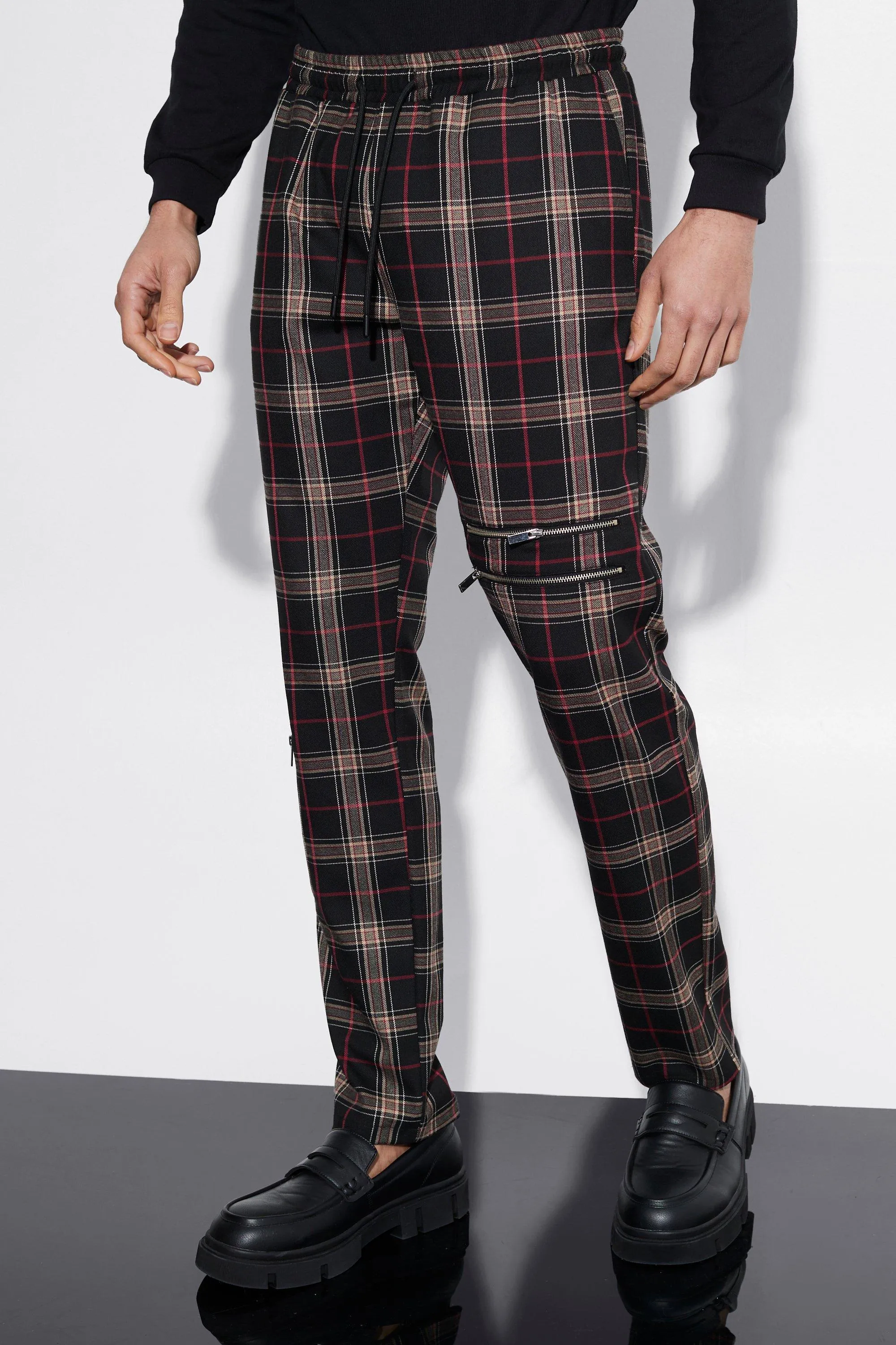 Elasticated Slim Tartan Zip Detail Trousers