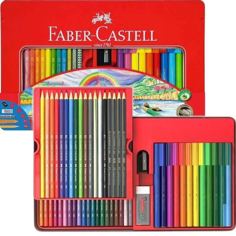 Faber-Castell 64 Pack Classic Coloured Pencils + Connector Marker Pens Tin Set Eraser Sharpener