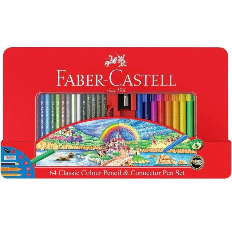 Faber-Castell 64 Pack Classic Coloured Pencils + Connector Marker Pens Tin Set Eraser Sharpener