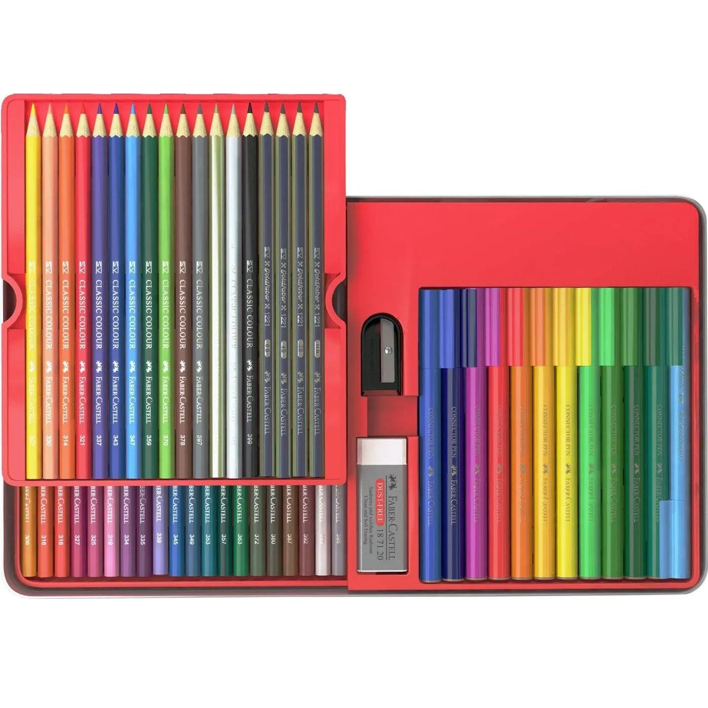 Faber-Castell 64 Pack Classic Coloured Pencils + Connector Marker Pens Tin Set Eraser Sharpener