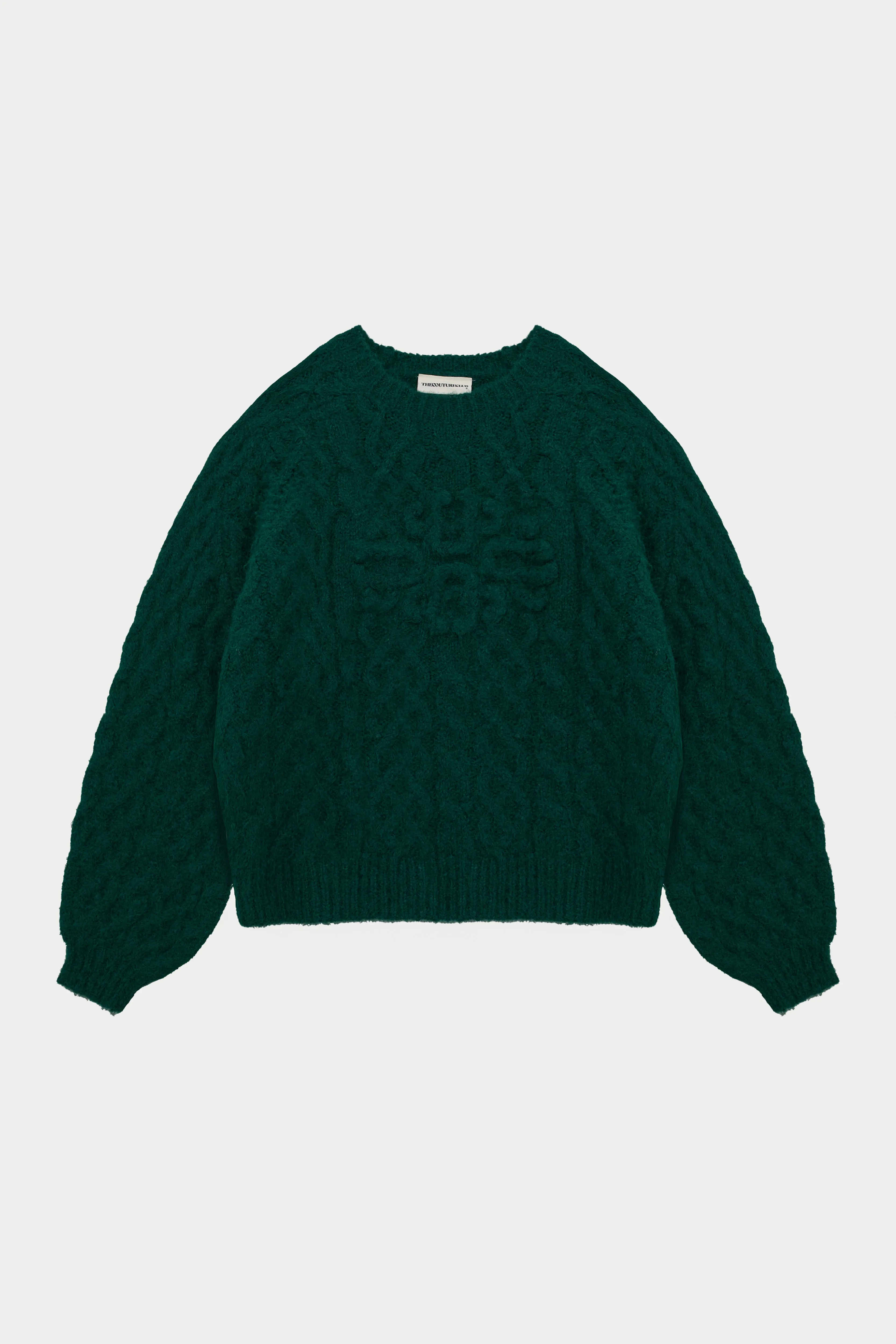 FLUFFY CABLE KNIT EMBLEM JUMPER - FOREST GREEN