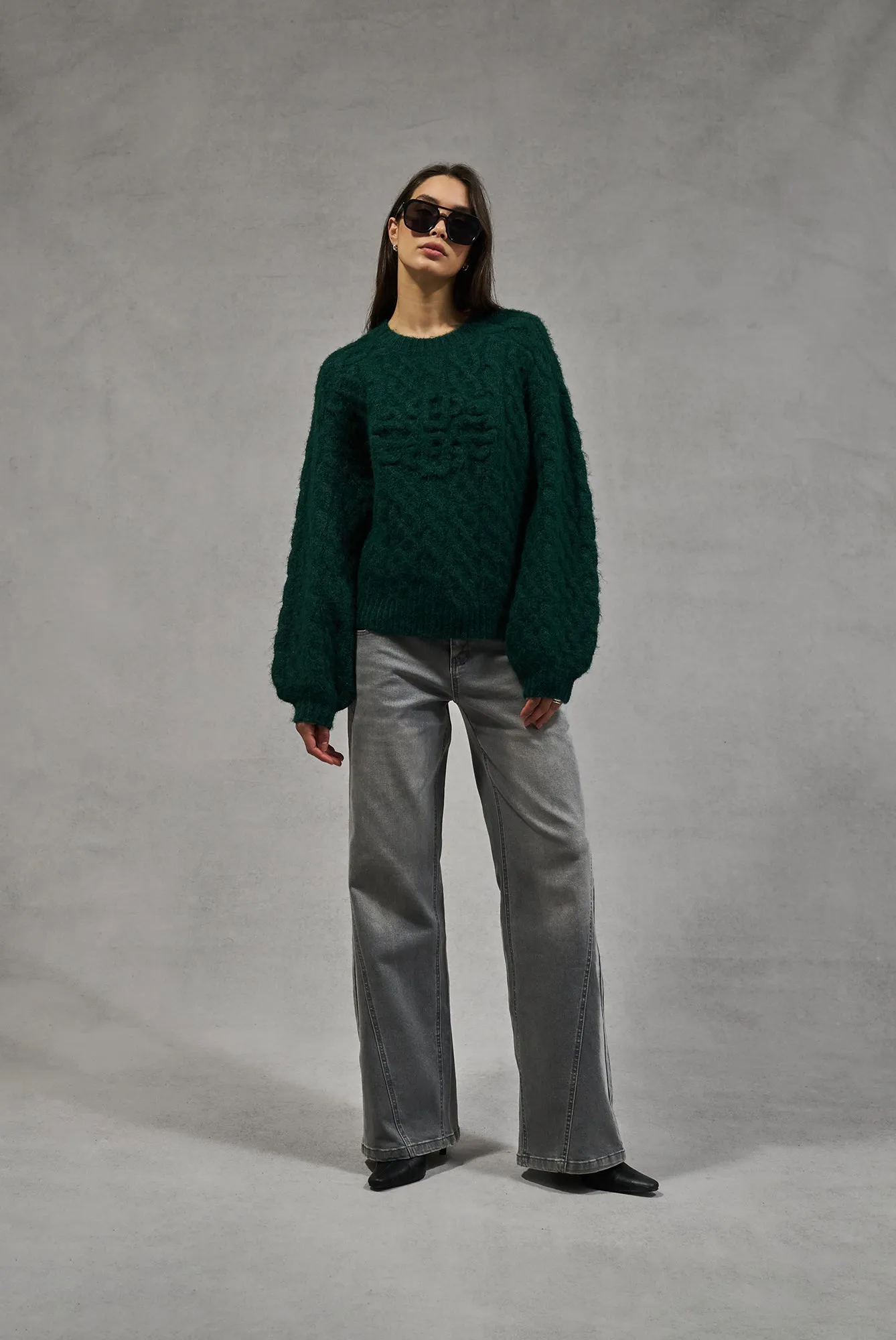 FLUFFY CABLE KNIT EMBLEM JUMPER - FOREST GREEN