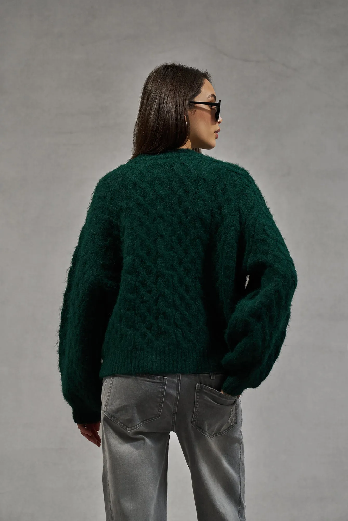 FLUFFY CABLE KNIT EMBLEM JUMPER - FOREST GREEN