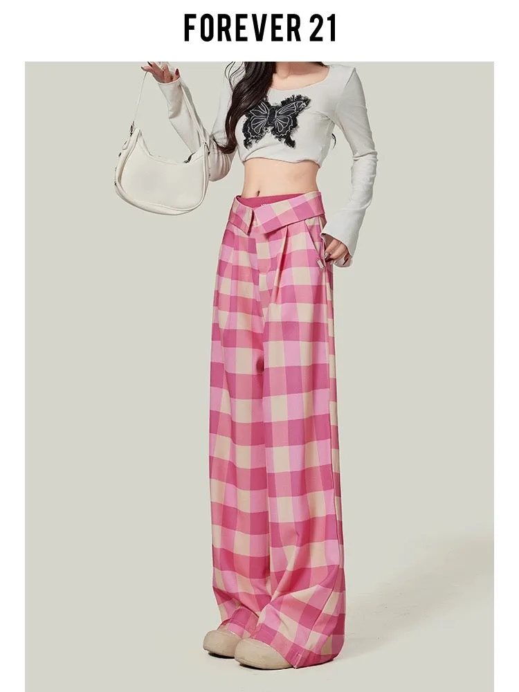 Forever 21 Hot Girl Plaid Wide Leg Casual Pants Women's Dopamine Pink High Waist Loose Straight Floor-Mopping Pants