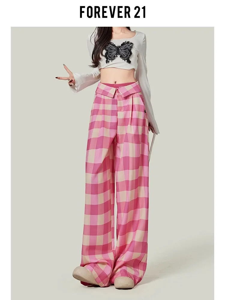 Forever 21 Hot Girl Plaid Wide Leg Casual Pants Women's Dopamine Pink High Waist Loose Straight Floor-Mopping Pants