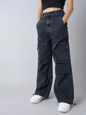 Girls Black Acid Wash Side Pintuck Cargo Jeans