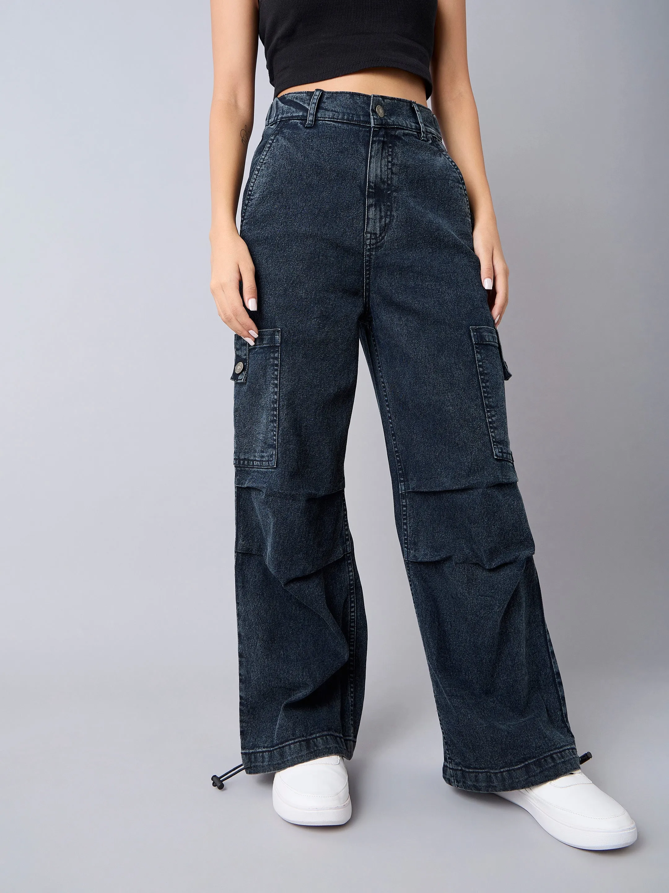 Girls Black Acid Wash Side Pintuck Cargo Jeans