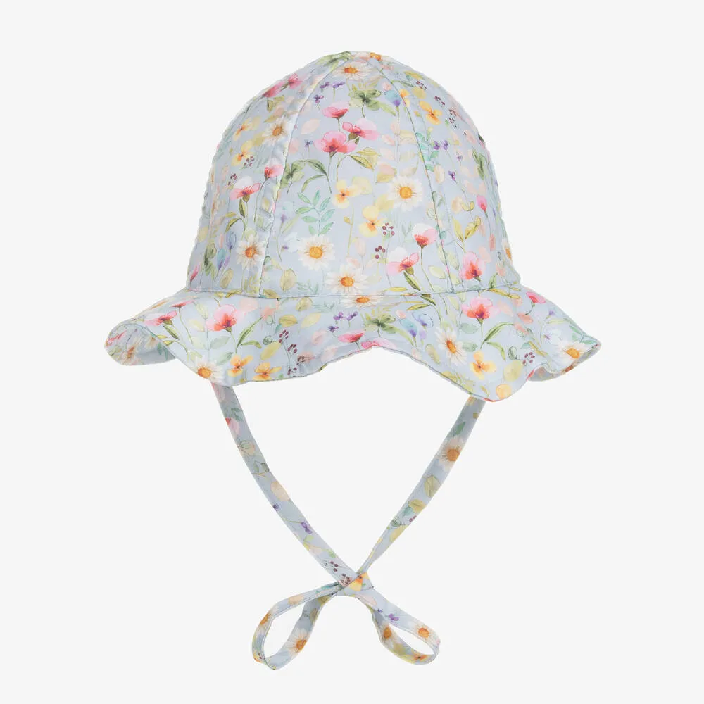 Girls Blue Cotton Floral Hat 