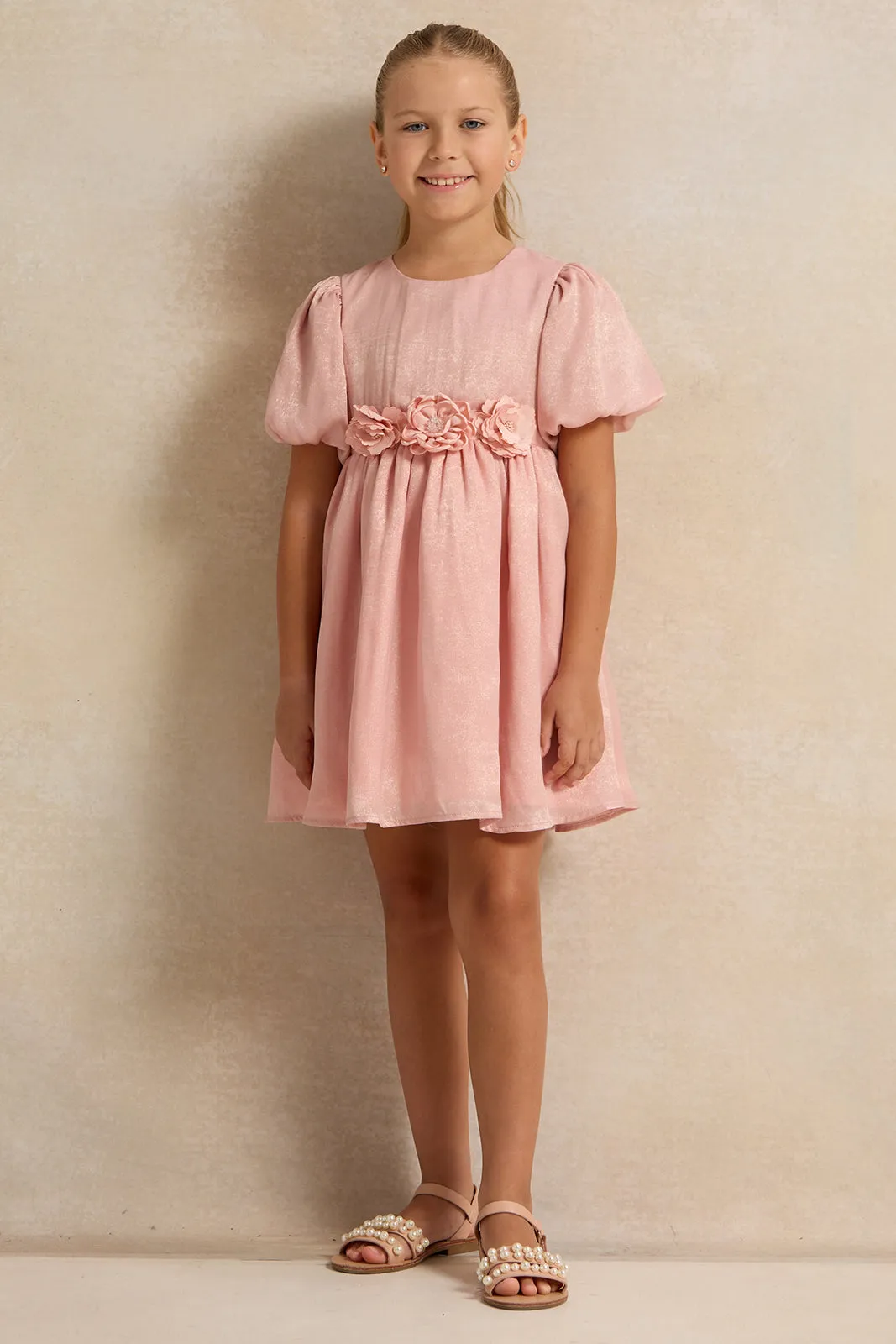 Girls Pink Metallic Solid Dress With Corsage