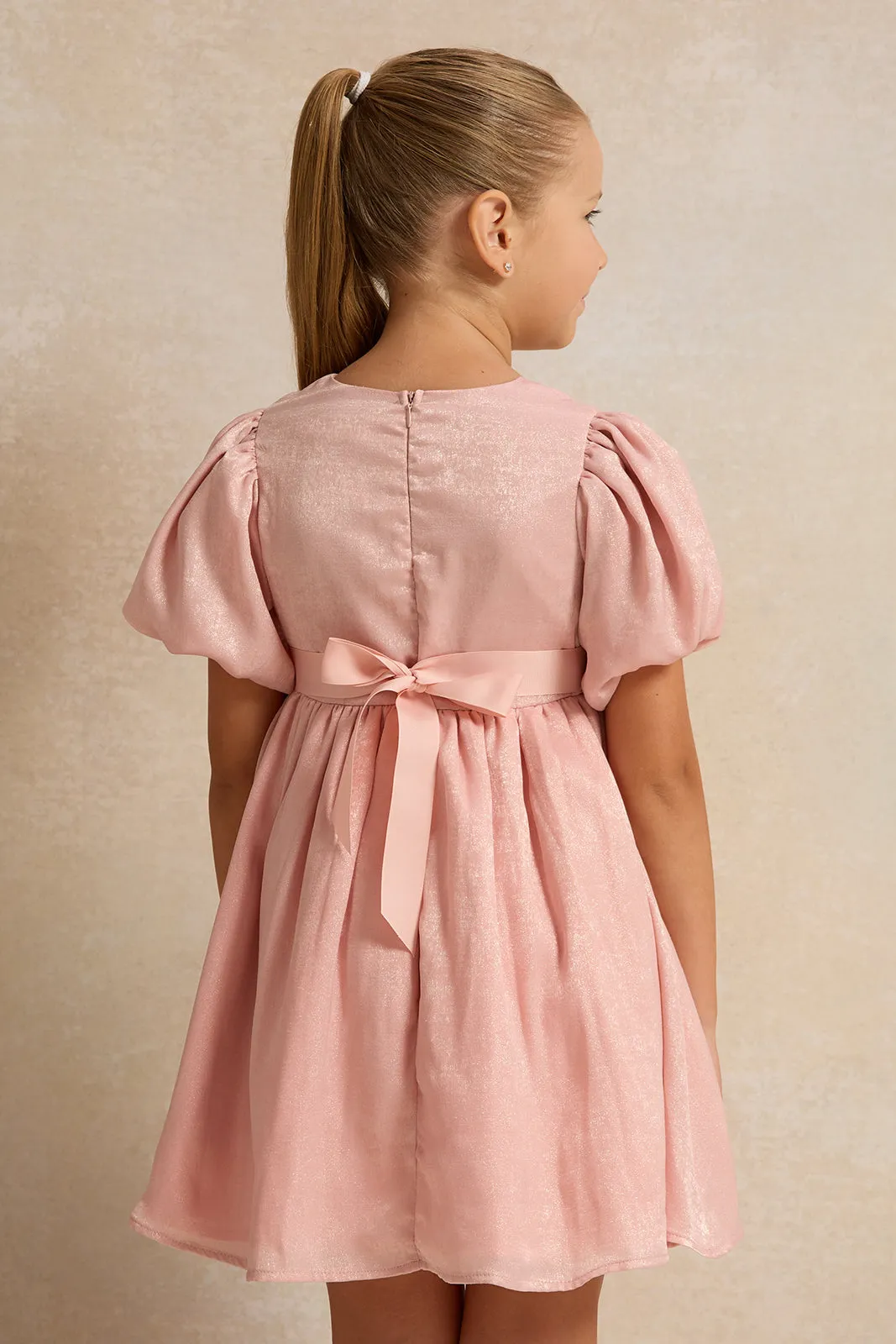 Girls Pink Metallic Solid Dress With Corsage