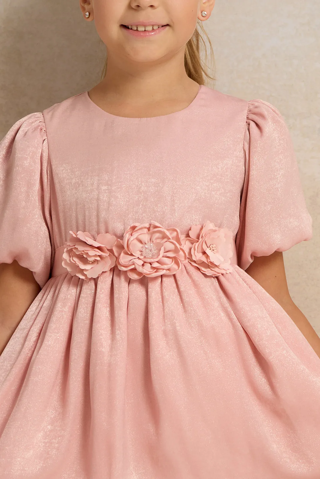 Girls Pink Metallic Solid Dress With Corsage