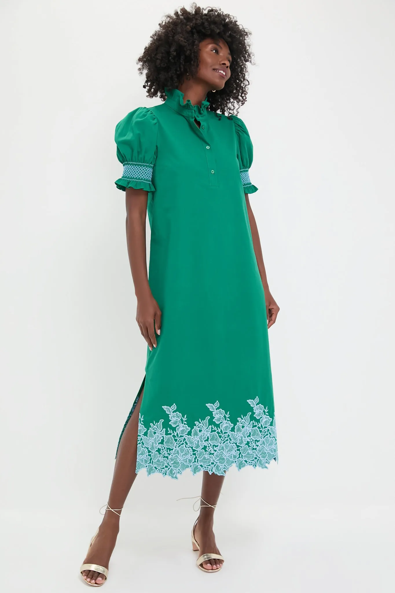 Green & Baby Blue Embroidery Eliza Midi Dress