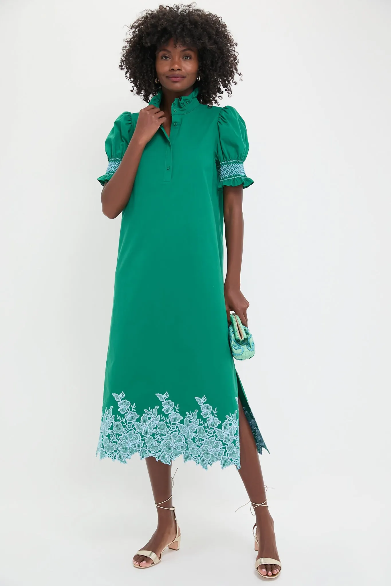 Green & Baby Blue Embroidery Eliza Midi Dress