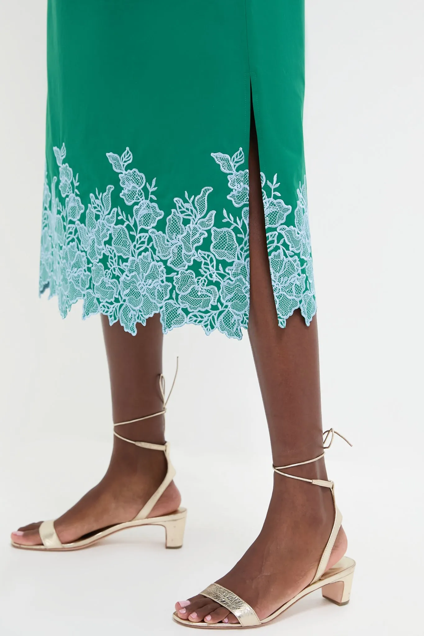 Green & Baby Blue Embroidery Eliza Midi Dress