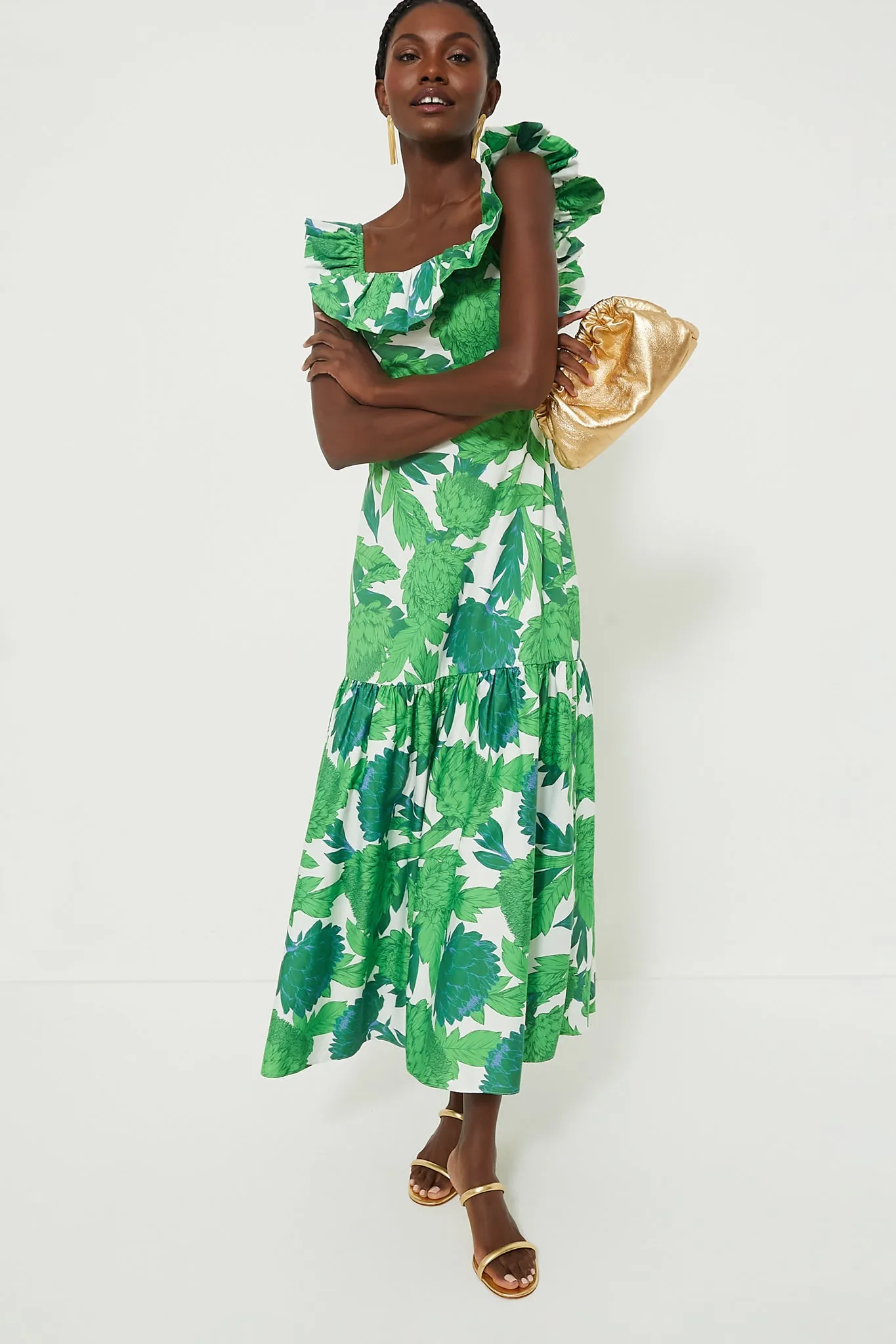 Green Dandelion Floral Off-the-Shoulder Giselle Dress