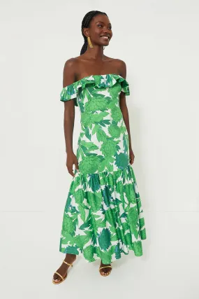 Green Dandelion Floral Off-the-Shoulder Giselle Dress