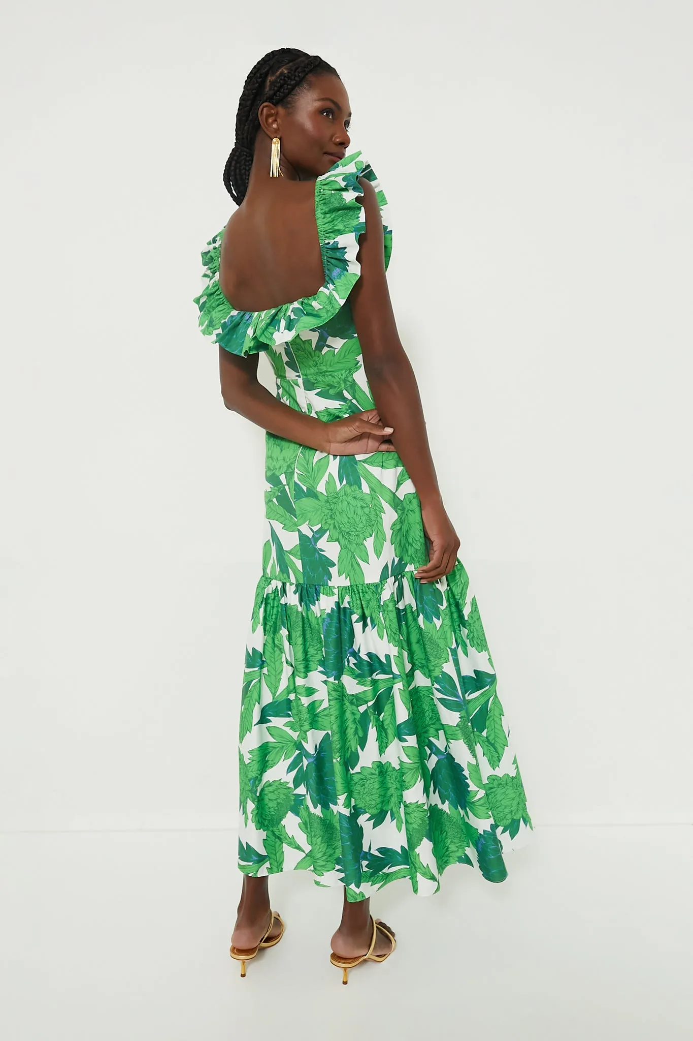 Green Dandelion Floral Off-the-Shoulder Giselle Dress