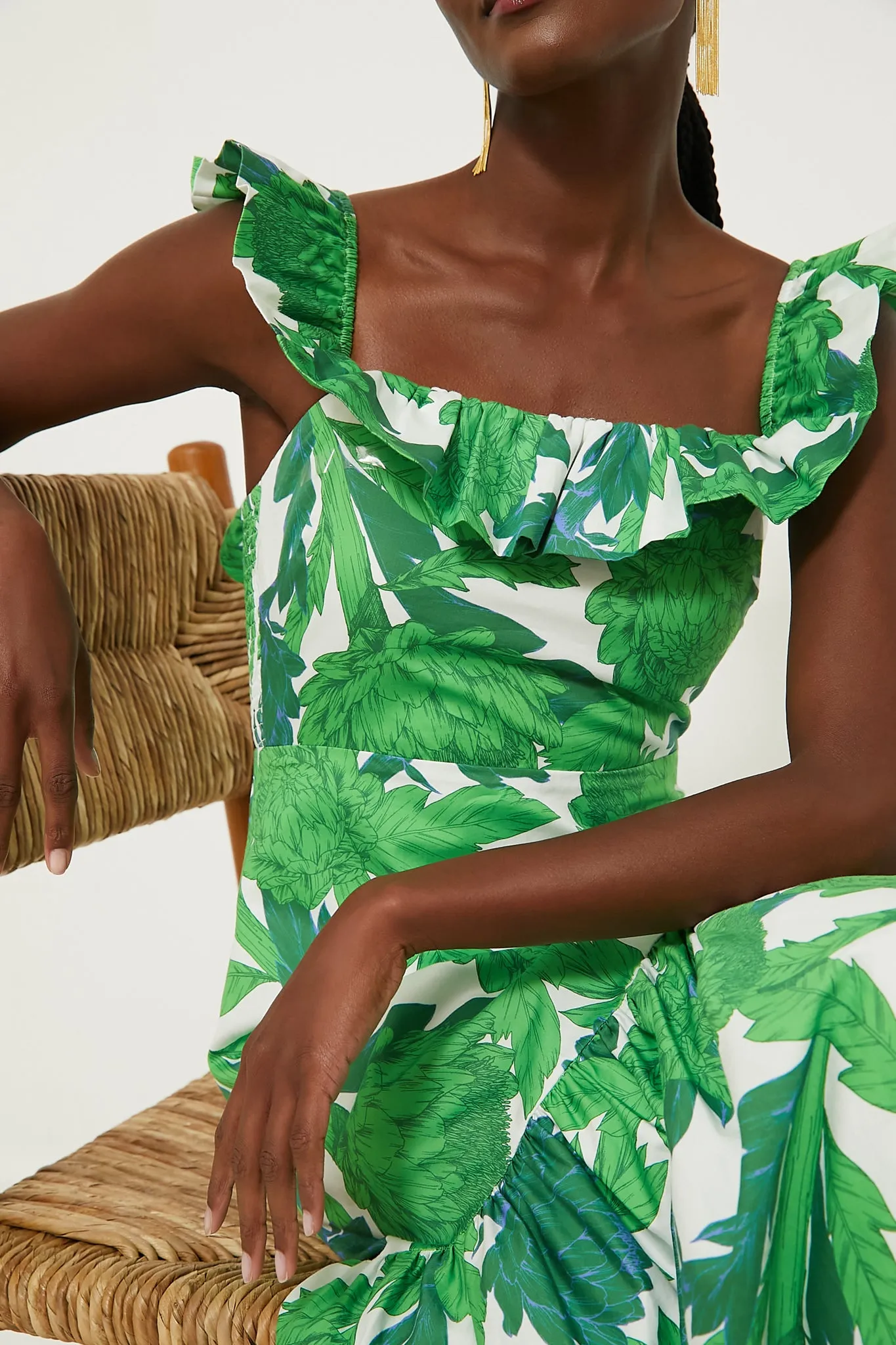 Green Dandelion Floral Off-the-Shoulder Giselle Dress