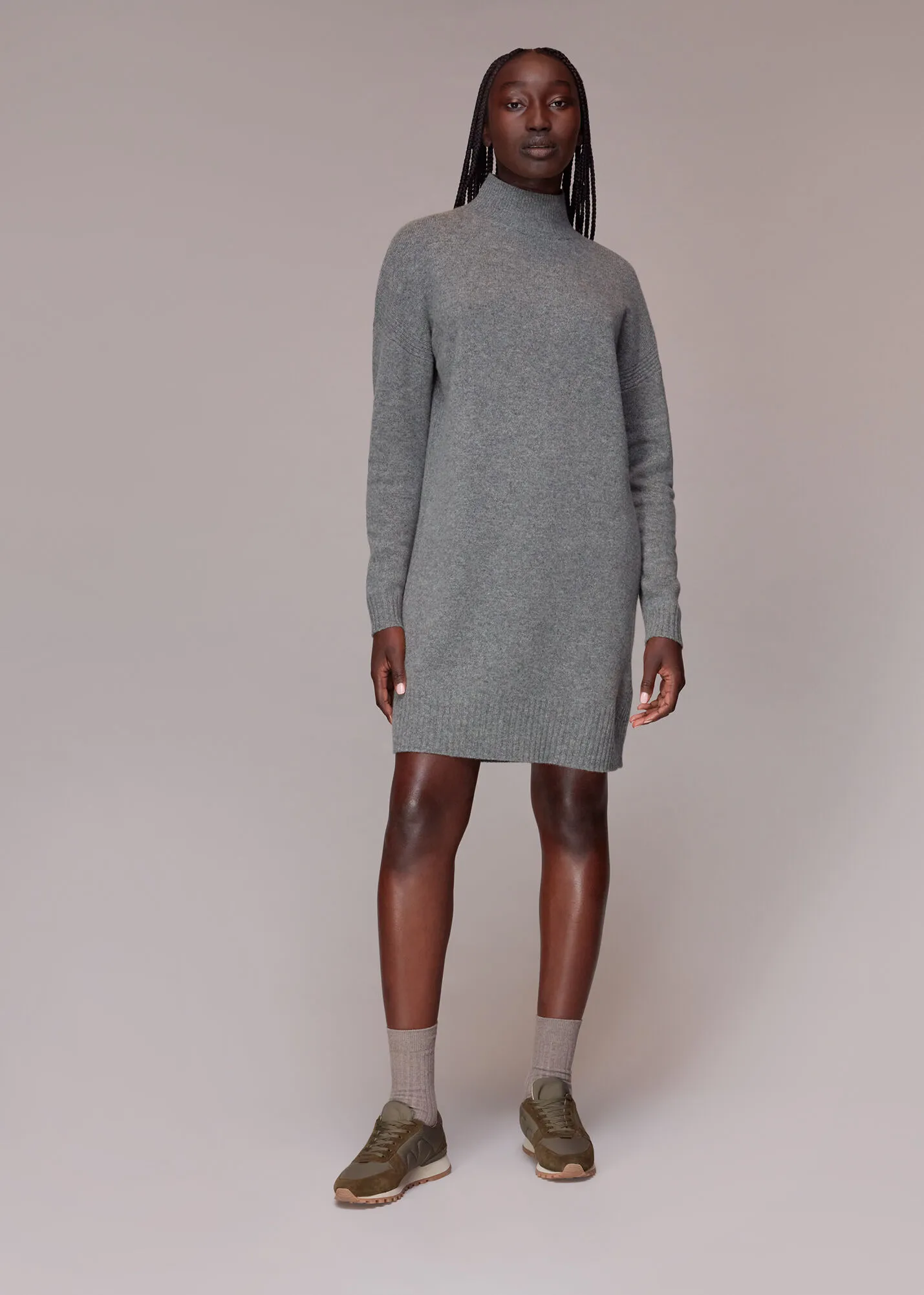 Grey Funnel Neck Knit Dress