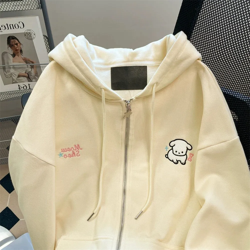 High-end and beautiful dog embroidered hooded sweatshirt for men and women in spring and autumn, Japanese style, soft girl, cute