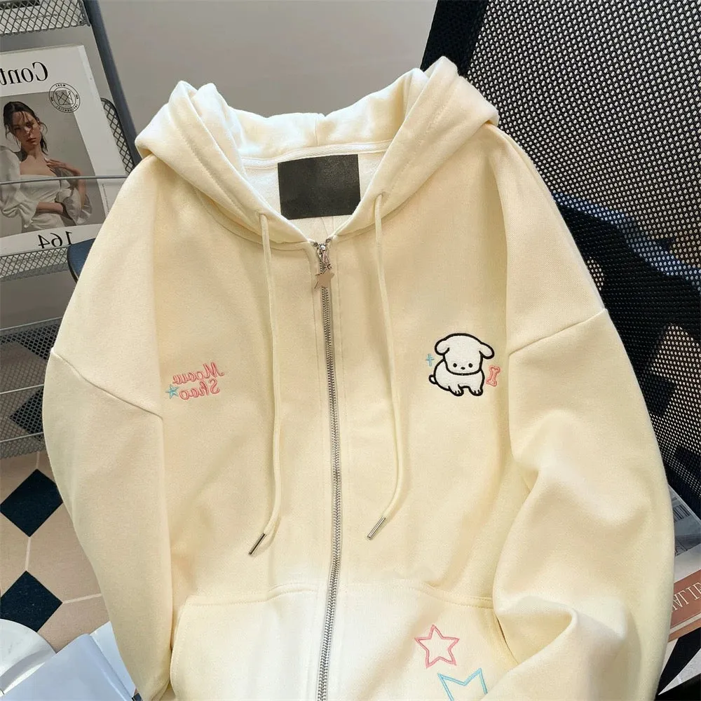 High-end and beautiful dog embroidered hooded sweatshirt for men and women in spring and autumn, Japanese style, soft girl, cute