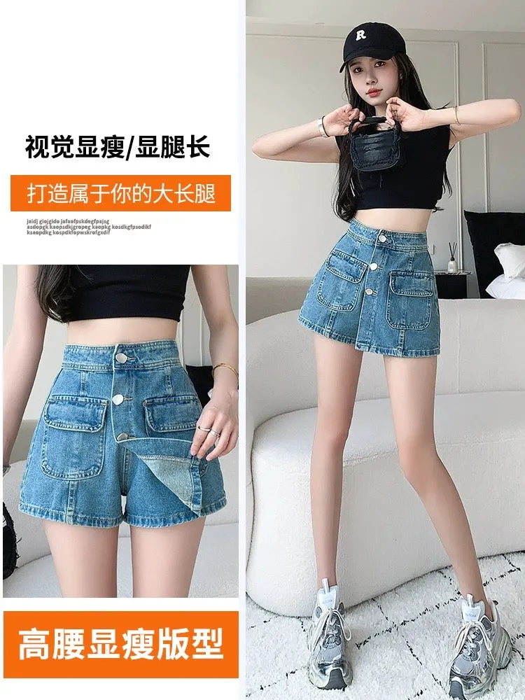 High-waisted denim short skirt for women summer thin 2024 new style small hot girl a-line hip pants skirt