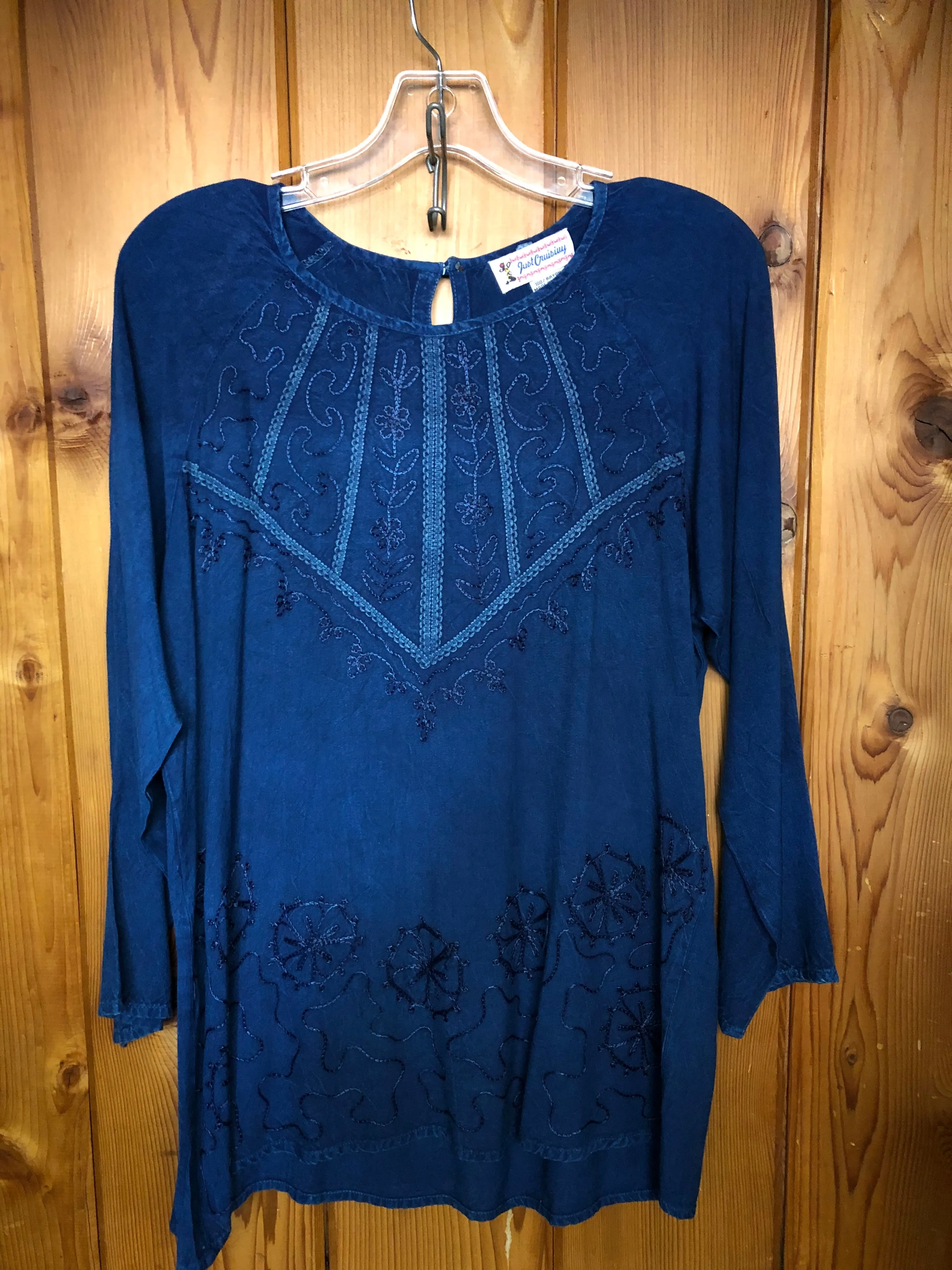 Indigo blue Tunis style blouse from Just Cruising label, made of 100% rayon