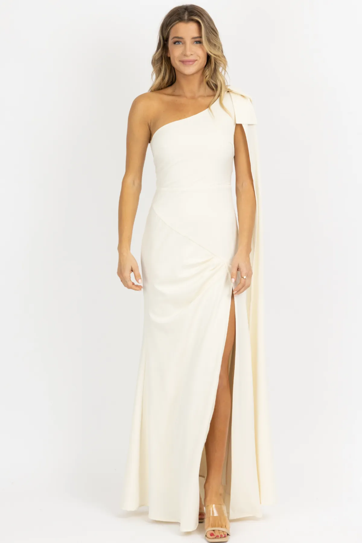 IVORY ONE SHOULDER + SASH SATIN MAXI DRESS *BACK IN STOCK*