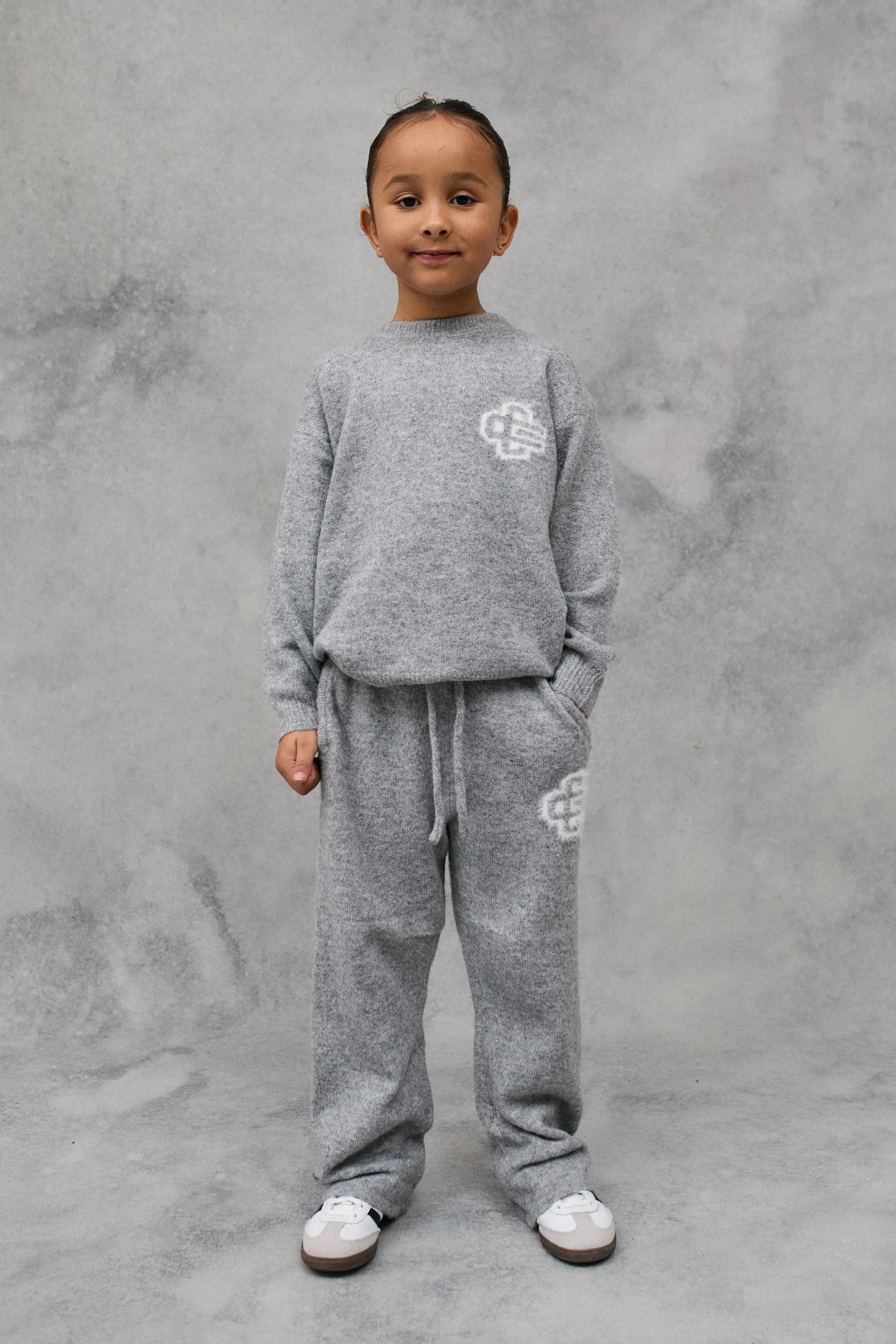 JNR FLUFFY KNIT EMBLEM CREW - GREY MARL