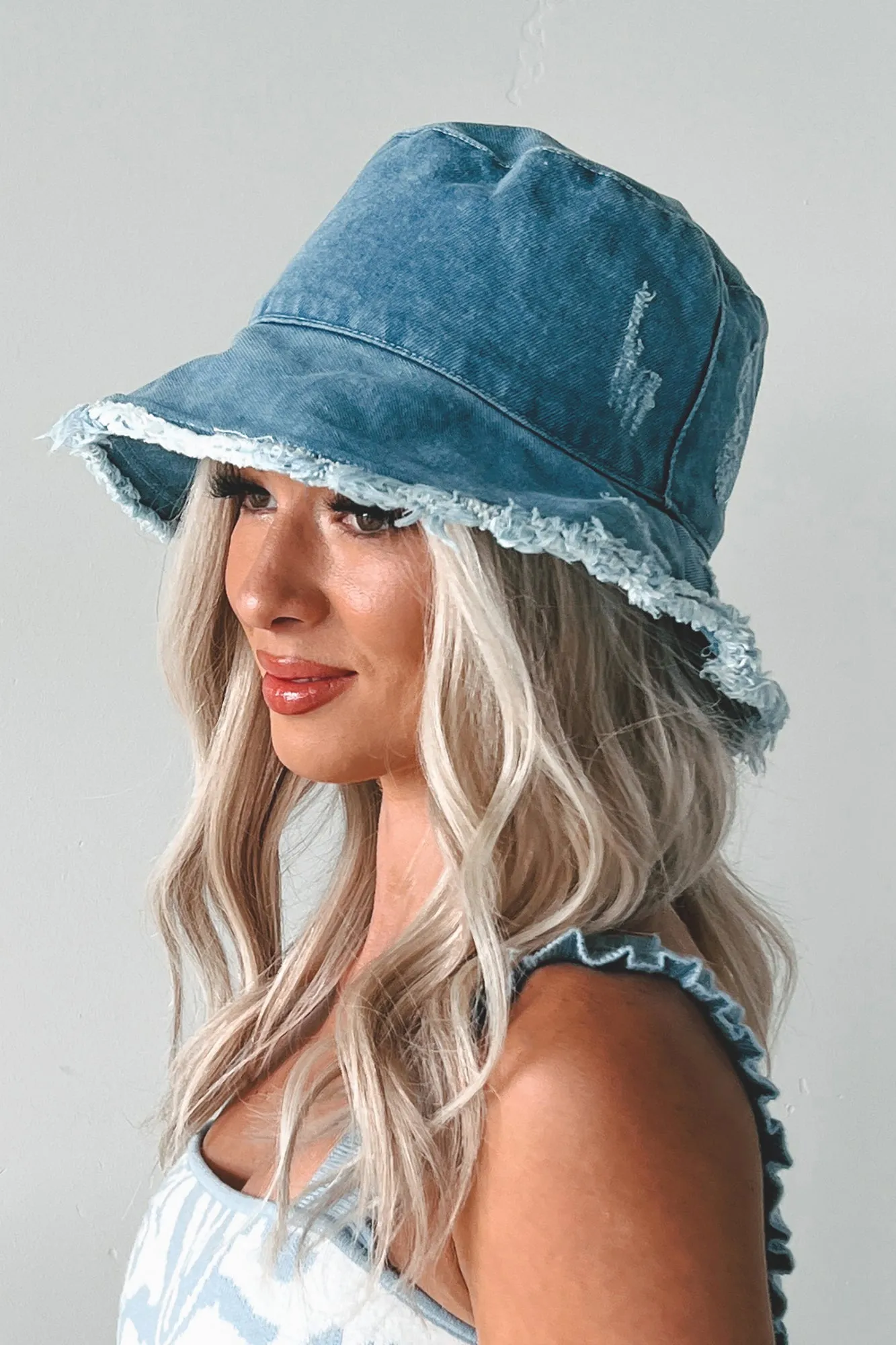 Keeping It Fresh Distressed Denim Bucket Hat (Blue)