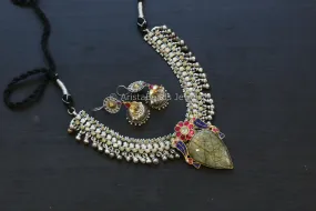 Labradorite Jadau Kundan Pendant Necklace Set - Style 6