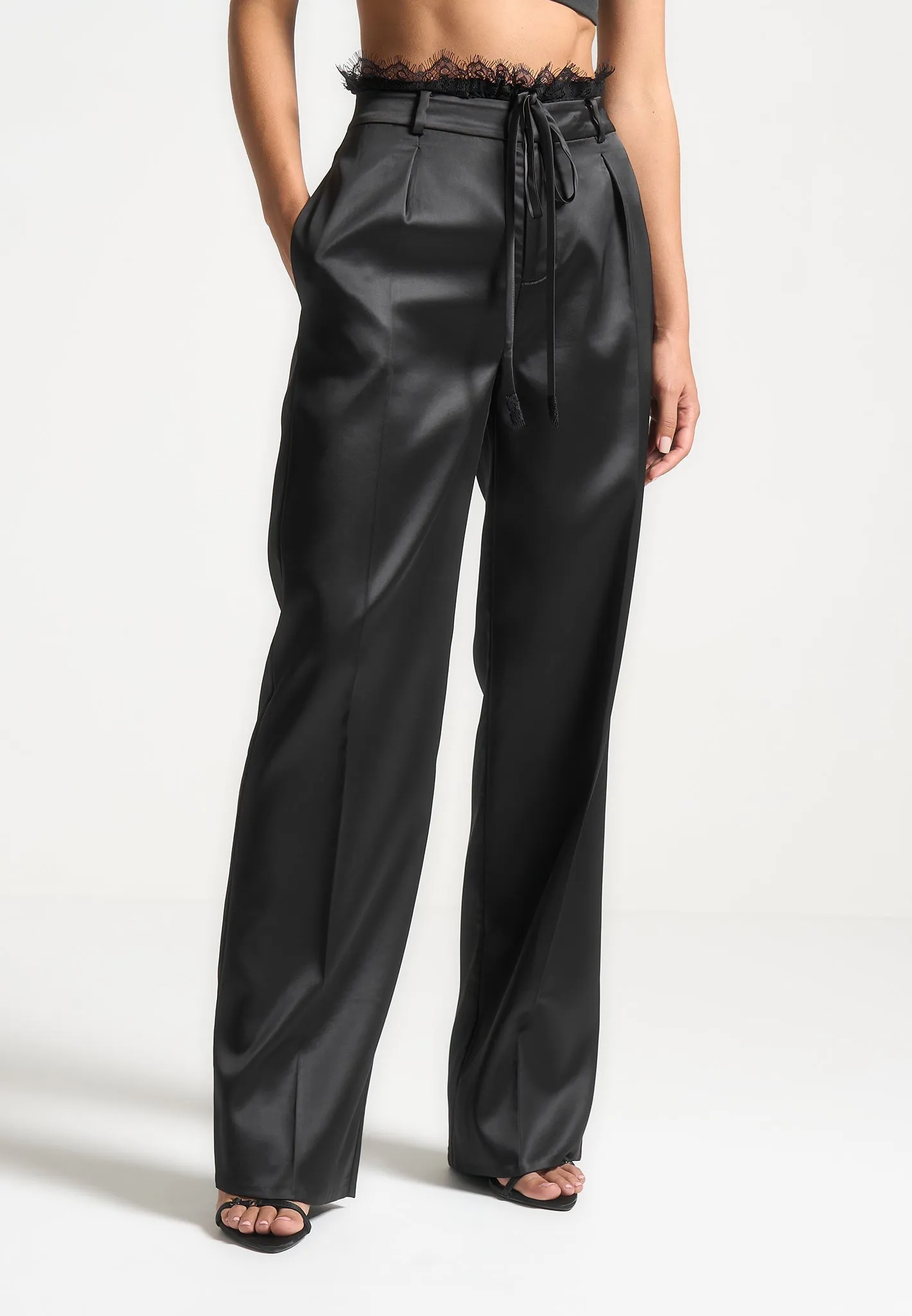 Lace Waistband Satin Trousers - Black