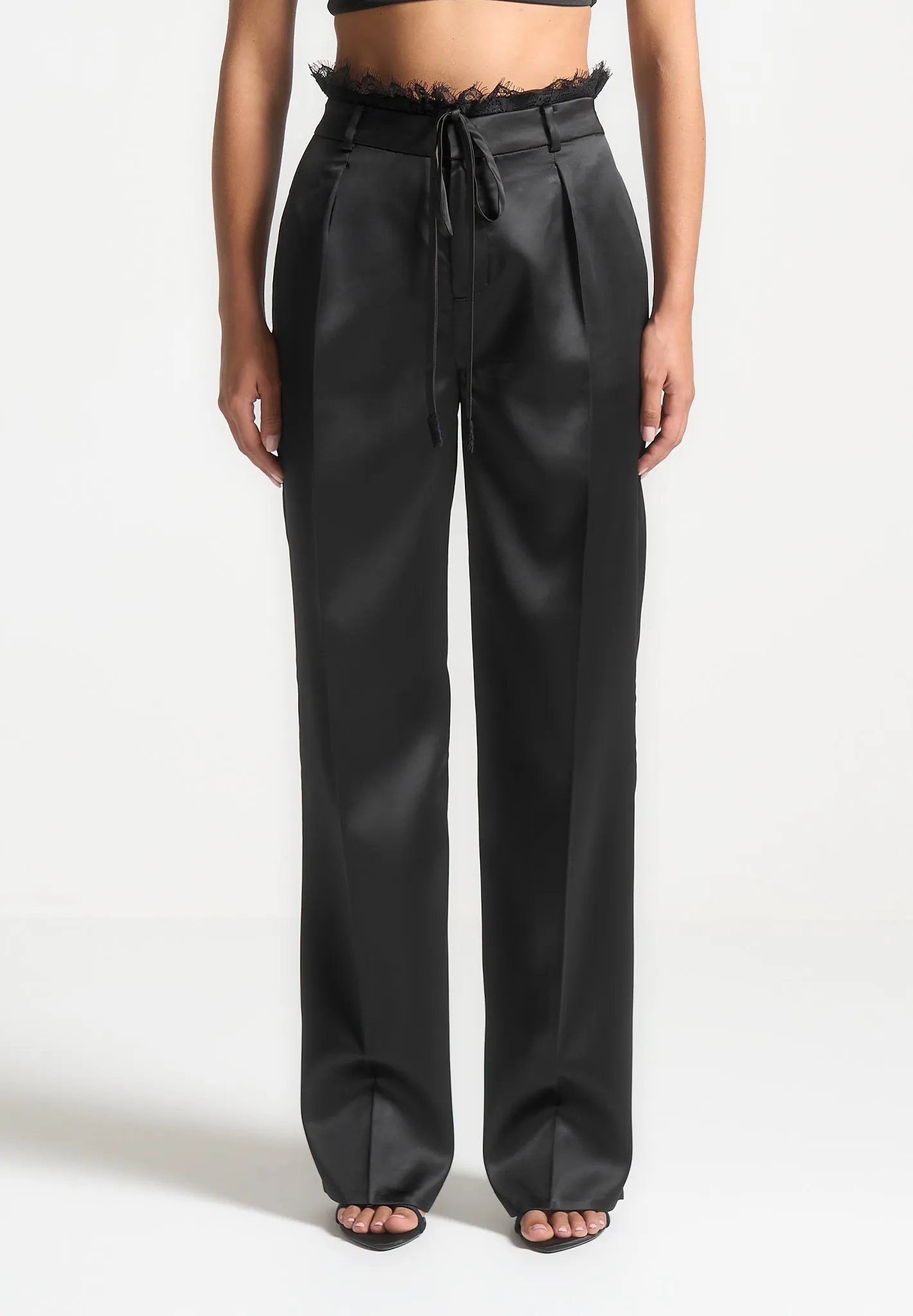 Lace Waistband Satin Trousers - Black