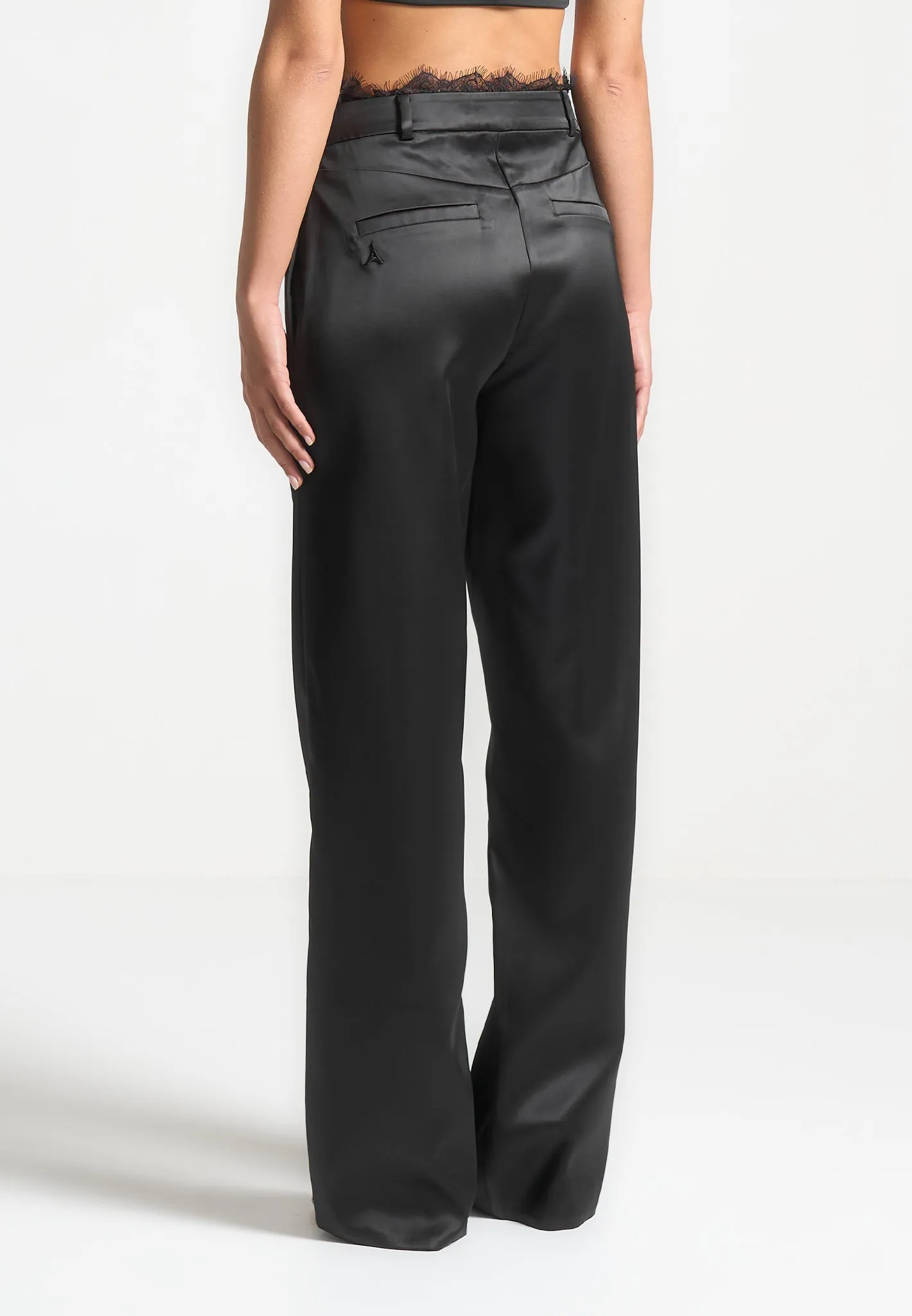 Lace Waistband Satin Trousers - Black