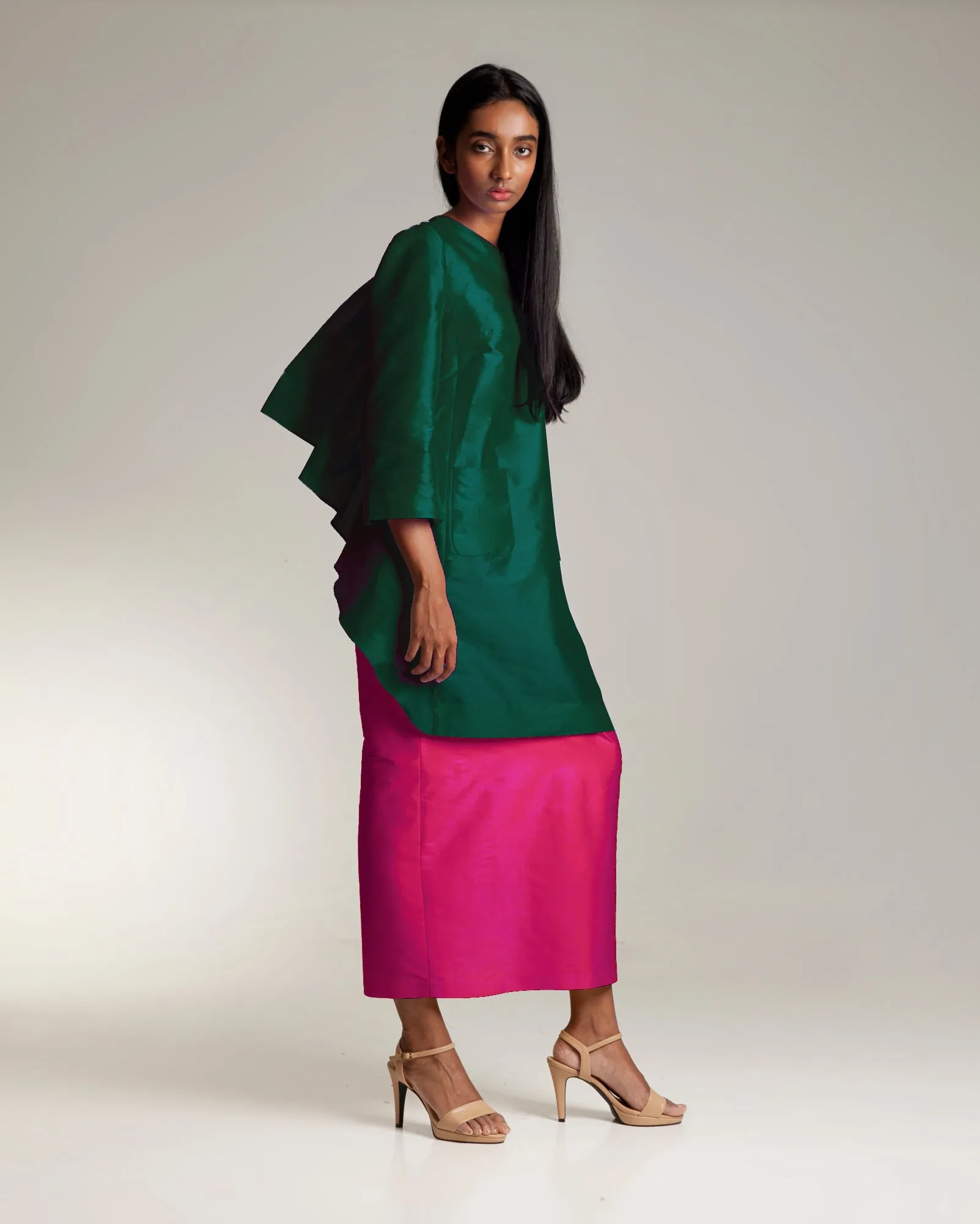 Lata Kurung Set (Emerald Fuchsia Taffeta)