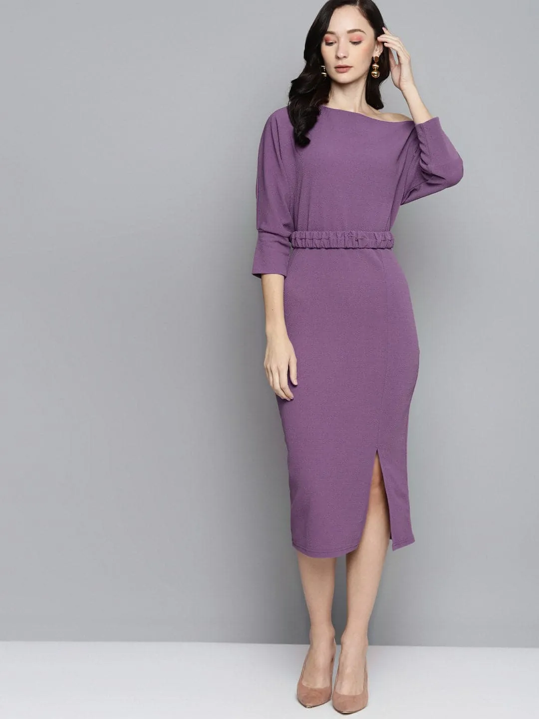 Lavender Belted Drop Shoulder Midi Dress