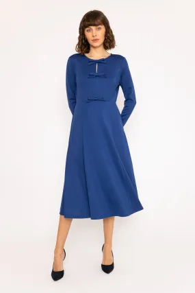 Long Sleeve Cobalt Blue Bow Midi Dress