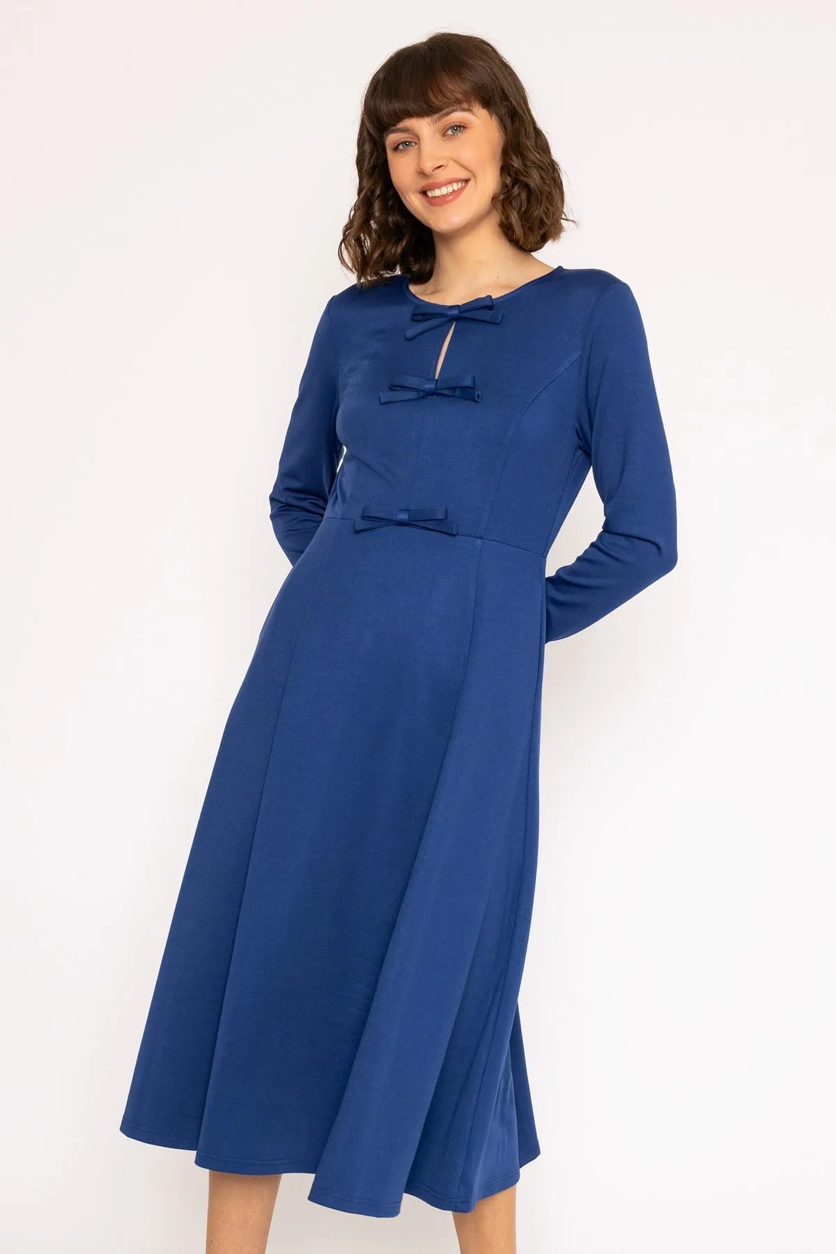 Long Sleeve Cobalt Blue Bow Midi Dress