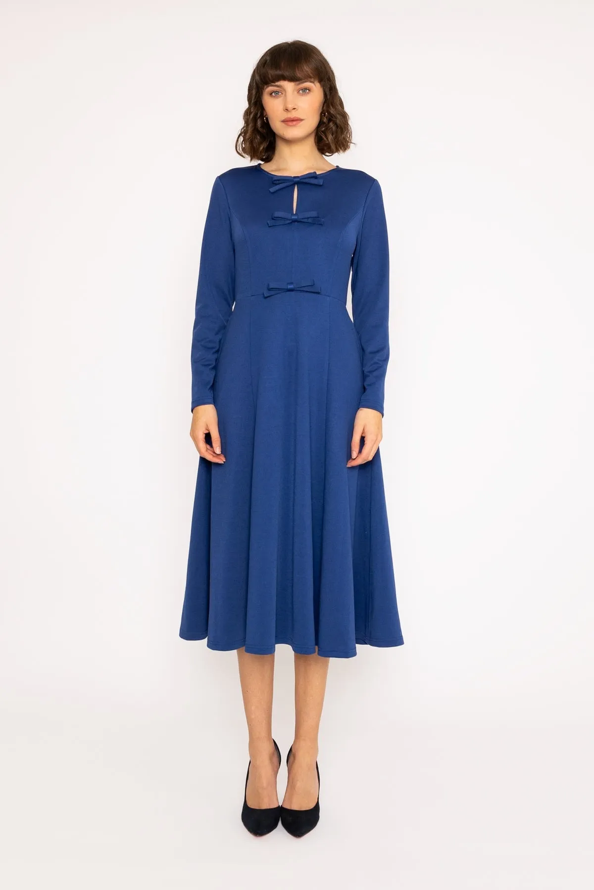 Long Sleeve Cobalt Blue Bow Midi Dress