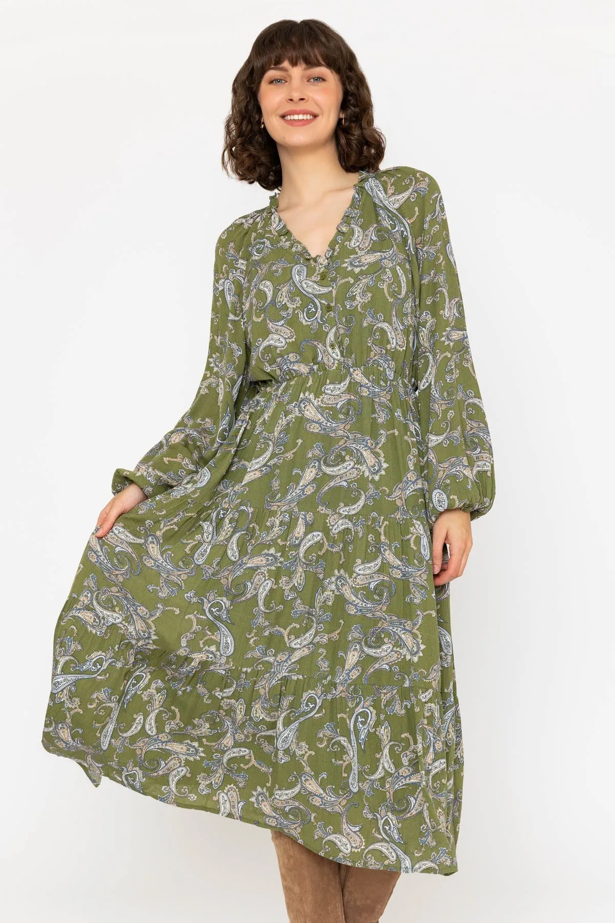 Long Sleeve Green Print Valentina Midi Dress