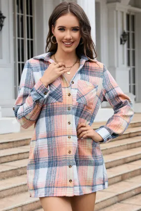 Long Sleeve Plaid Shirt with Collared Neck and Pockets