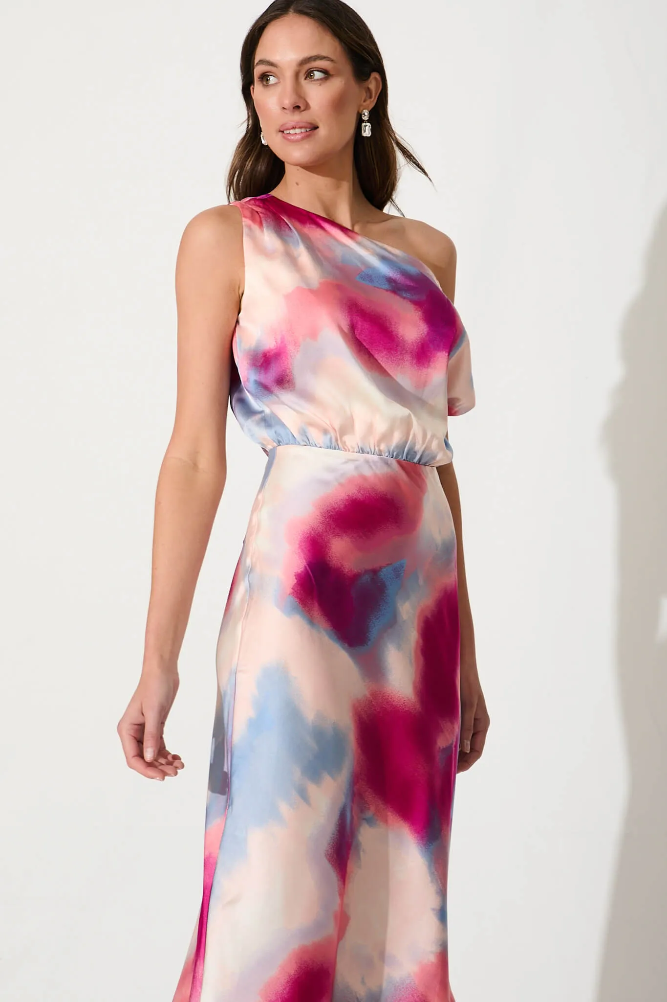 Lux Off Shoulder Midi Dress In Pink With Multi Watercolour Satin