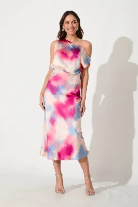 Lux Off Shoulder Midi Dress In Pink With Multi Watercolour Satin