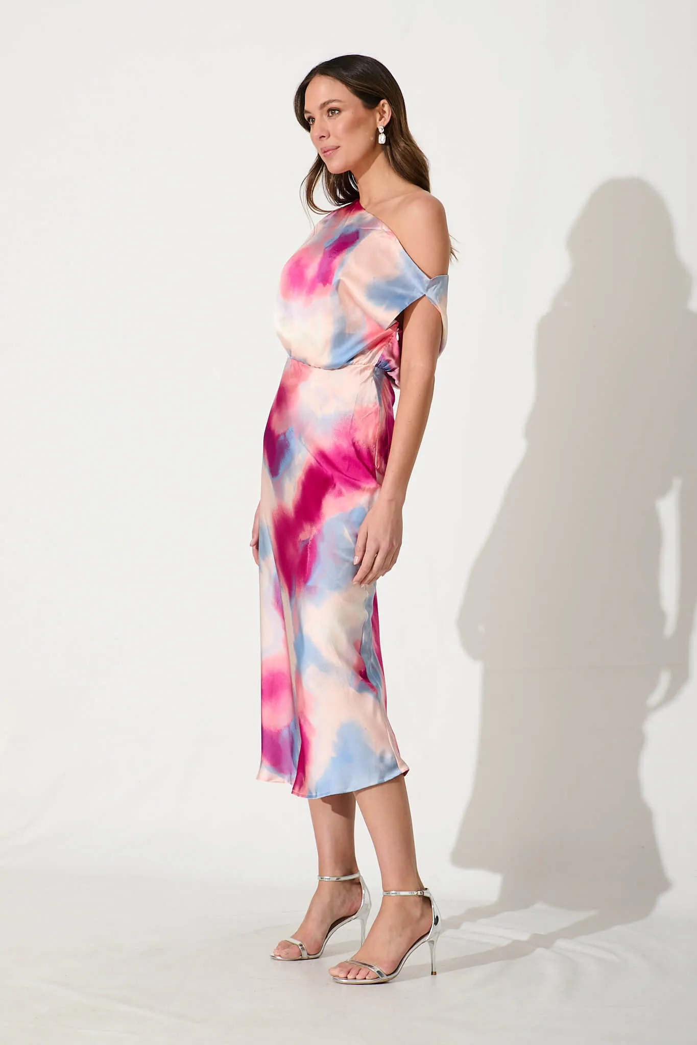 Lux Off Shoulder Midi Dress In Pink With Multi Watercolour Satin